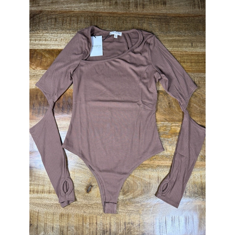 Promesa Brown Rib Knit Bodysuit Square Neck Thumbhole Long‎ Sleeve NWT Small
